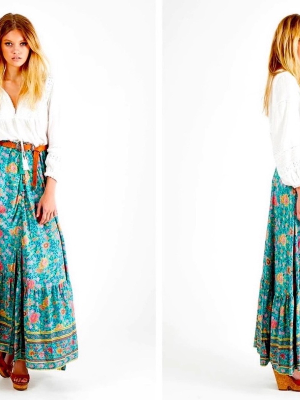 SPELL, folk town maxi skirt, UT Drop. Floral Teal Boho Maxi Skirt - Picture 10 of 10
